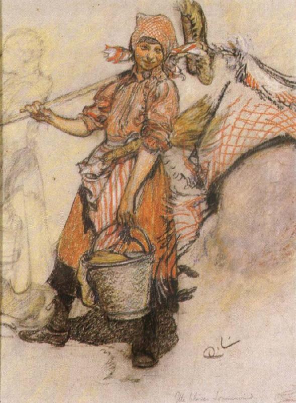 Carl Larsson Study of a Girl wtih Pail and Broom